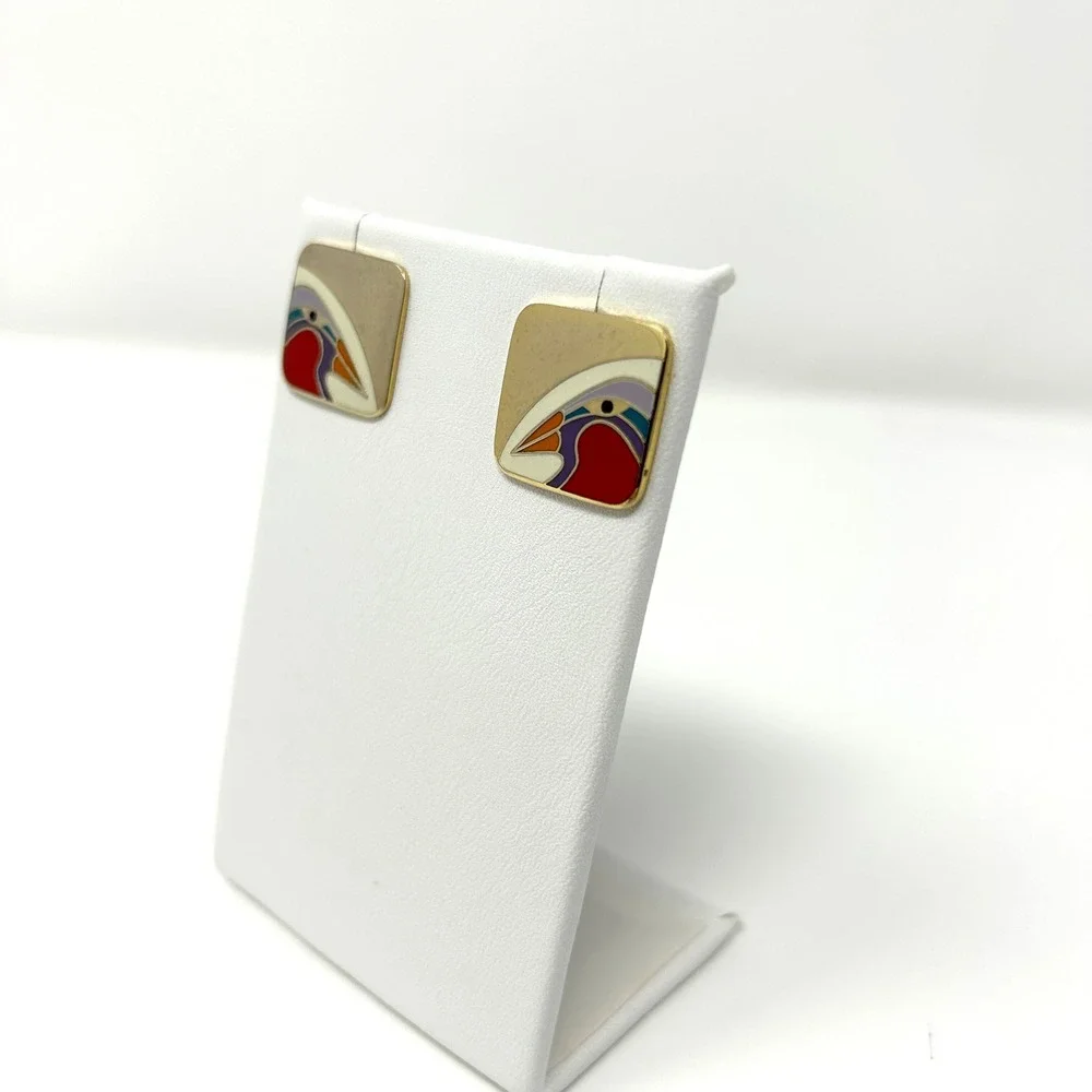 VTG Laurel‎ Burch Tori Mon Enamel Art Deco Square Stud Earrings Gold Tone
